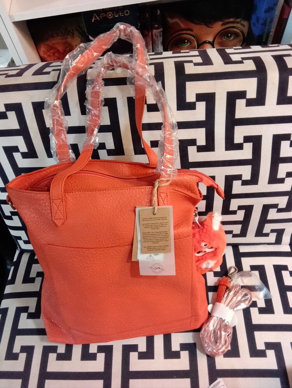The Orange Katrina Tote Bag (Style T109) with Fuzzy Bag Charm